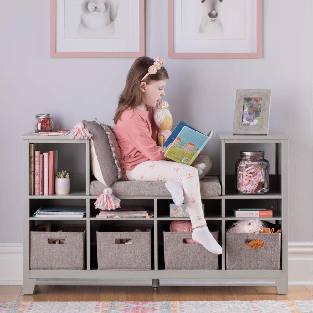 imageMartha Stewart Kids Reading Nook Linen White Wooden Storage Bench Bookshelf Organizer with Seat Cushion and Fabric Bins for Toys Books Art Bedroom or Playroom CubbyGrey