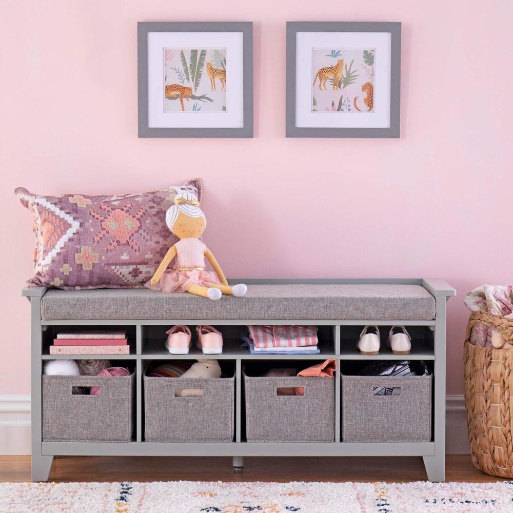 imageMartha Stewart Kids Storage Bench  Linen White Wooden Toy and Book Organizer with Shelves Builtin Cushion and Fabric Bins for Playroom and BedroomGrey