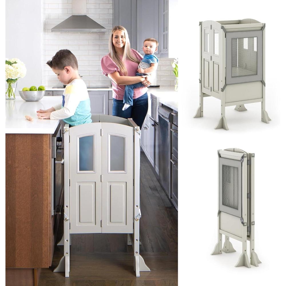 imageMartha Stewart Kitchen Helper Toddler Tower by Guidecraft  Linen White  Foldable Wooden Learning Toddler Standing Tower ampamp Adjustable Step Stool  Montessori Kids Counter Height Kitchen StoolTaupe
