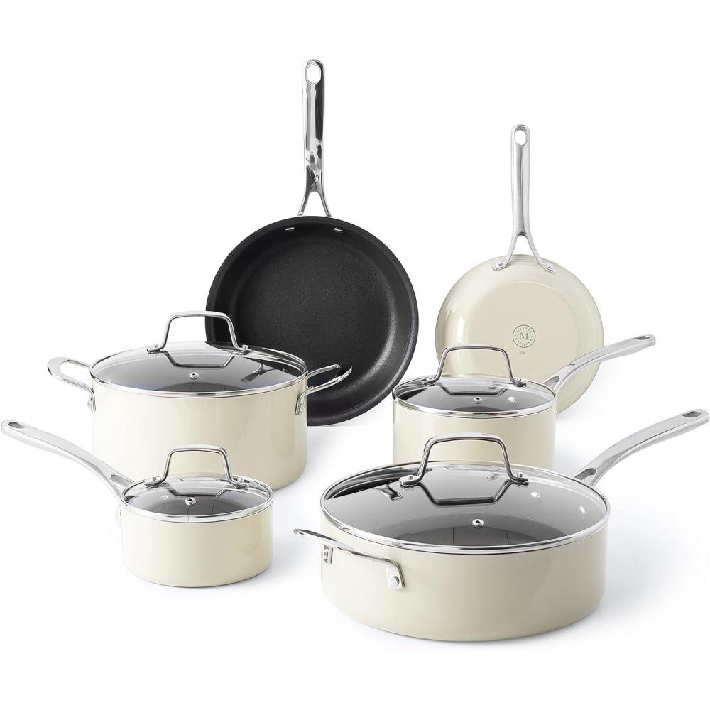 imageMartha Stewart Lockton Premium Nonstick PFA Free Ceramic Interior 10 Piece Enamel Heavy Gauge Aluminum Pots and Pans Cookware Set  RedLinen