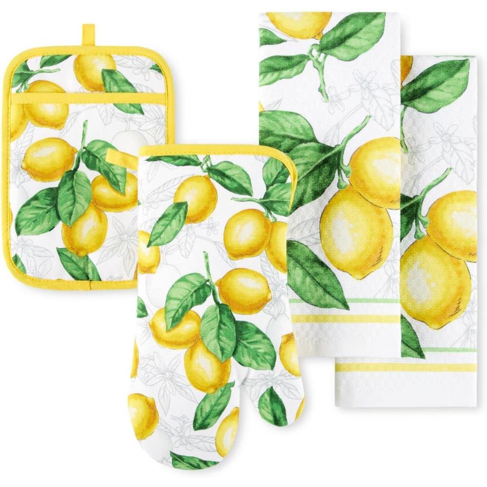 imageMartha Stewart Lots of Lemons Modern Kitchen Towel Oven Mitt ampamp Potholder Set 4Pack WhiteYellow