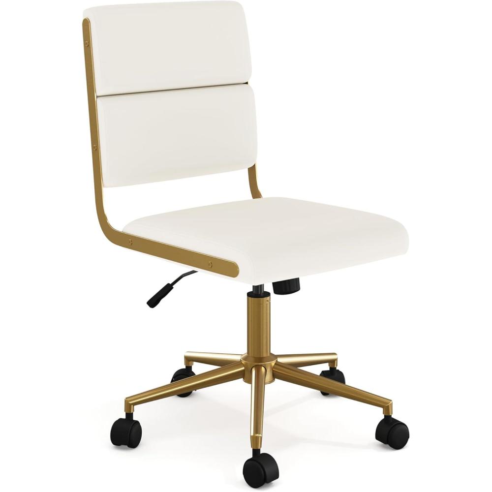 imageMartha Stewart Lulu Swivel Task Chair with Height Adjustable Seat for Home Office in Off White Faux Leather with Polished Brass FrameOff White Faux LeatherPolished Brass Frame