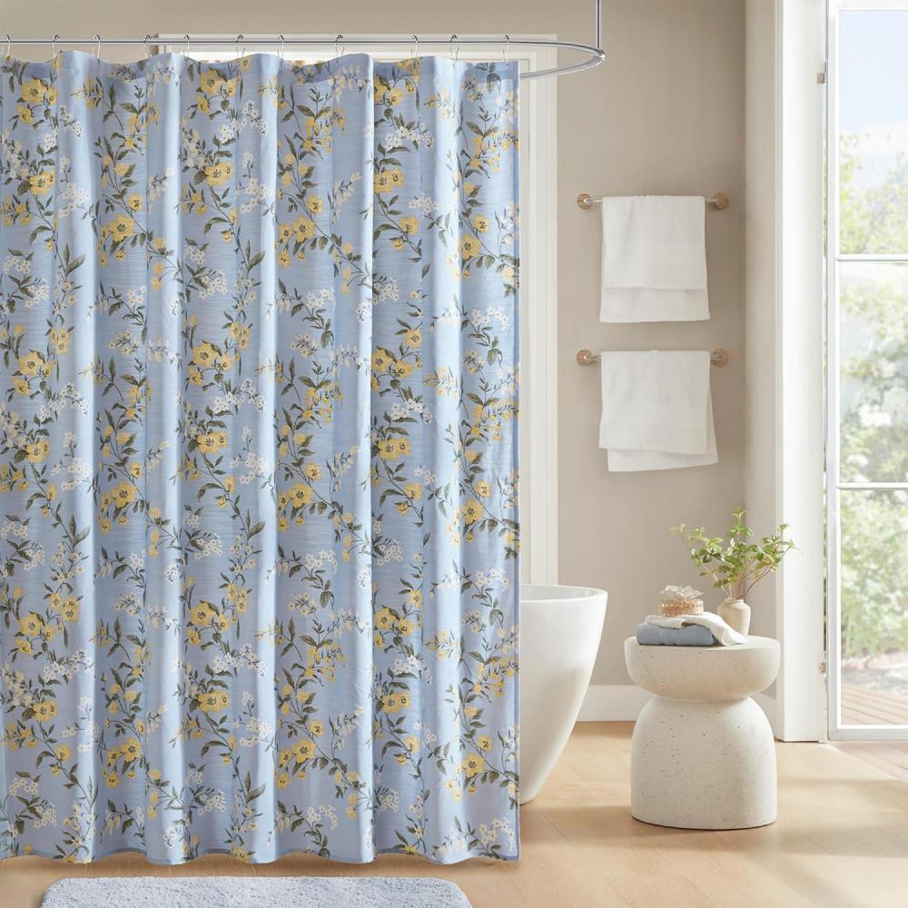imageMartha Stewart Marthas Garden Shower Curtain Botanical Floral Print Cotton Shower Curtain for Bathroom Spa Quality Modern Shower Curtains Standard Size 72x72 BlueMeadow Blue