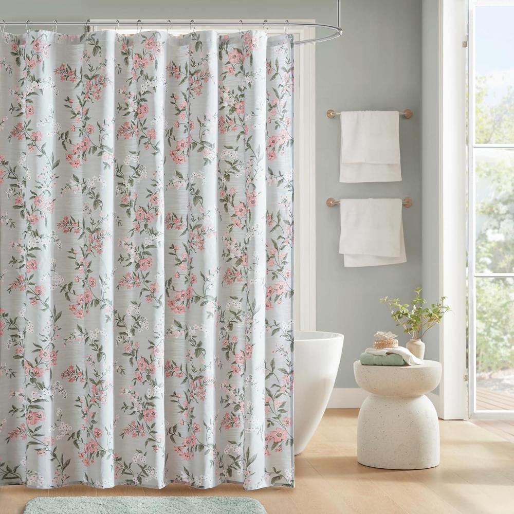 imageMartha Stewart Marthas Garden Shower Curtain Botanical Floral Print Cotton Shower Curtain for Bathroom Spa Quality Modern Shower Curtains Standard Size 72x72 BlueMeadow Green