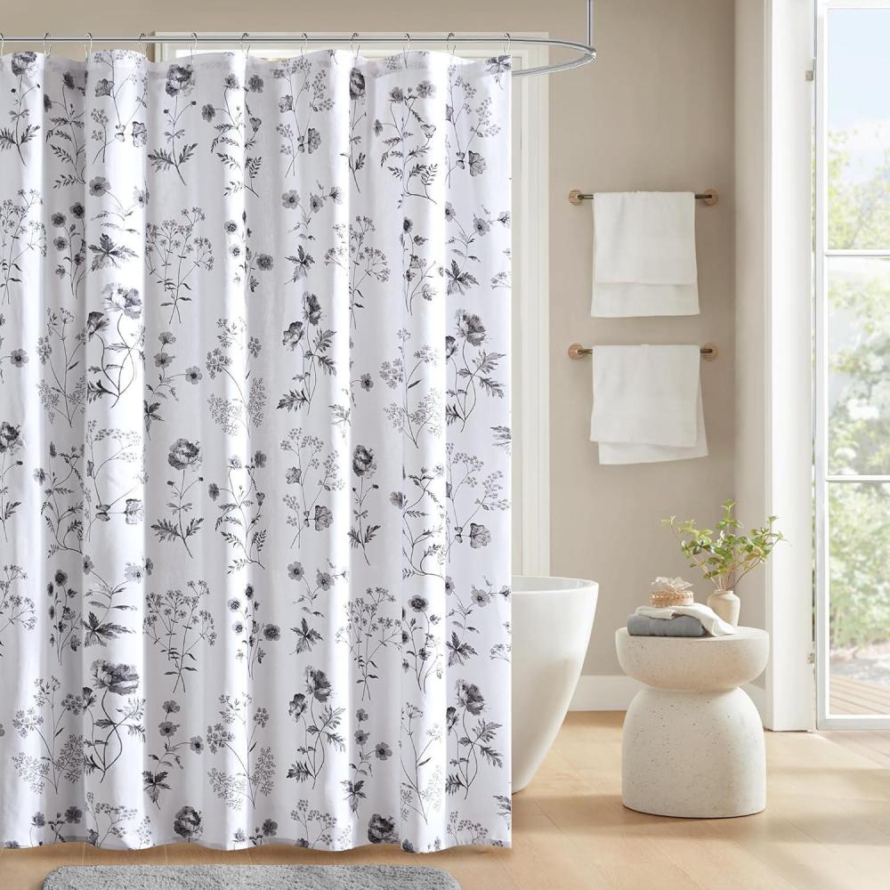 imageMartha Stewart Marthas Garden Shower Curtain Botanical Floral Print Cotton Shower Curtain for Bathroom Spa Quality Modern Shower Curtains Standard Size 72x72 BlueGarden Black