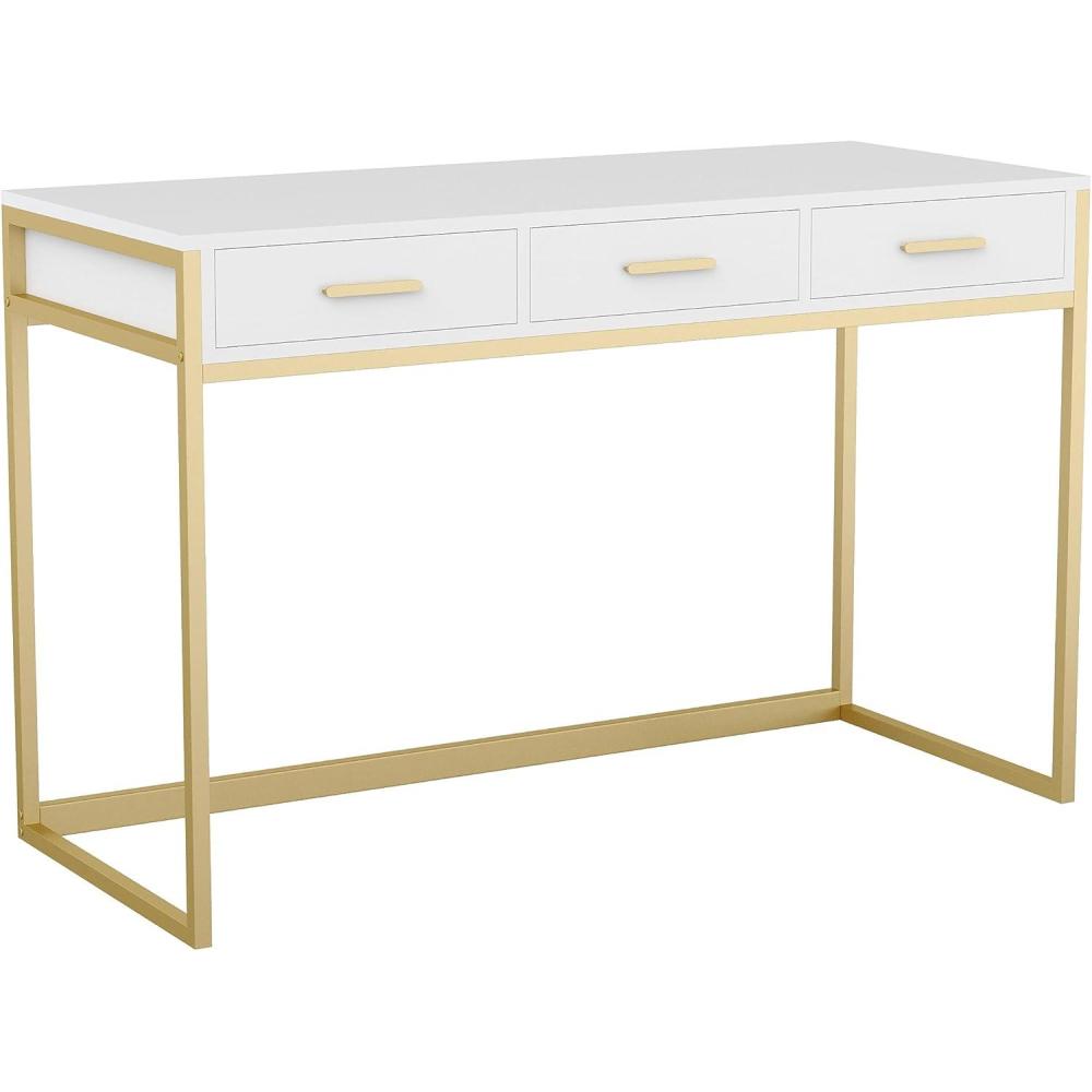 imageMartha Stewart Ollie Home Office Desk with 3 Drawers in White with Polished Brass HardwareWhite TopPolished Brass Frame