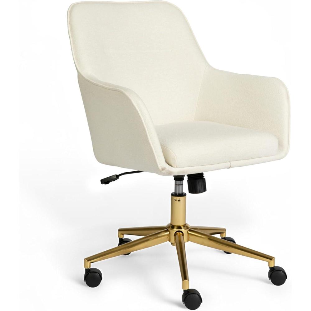 imageMartha Stewart Rayna Swivel Task Chair with Flared Arms for Home Office in White Boucle with Oil Rubbed Bronze FrameOff White FabricPolished Brass Frame