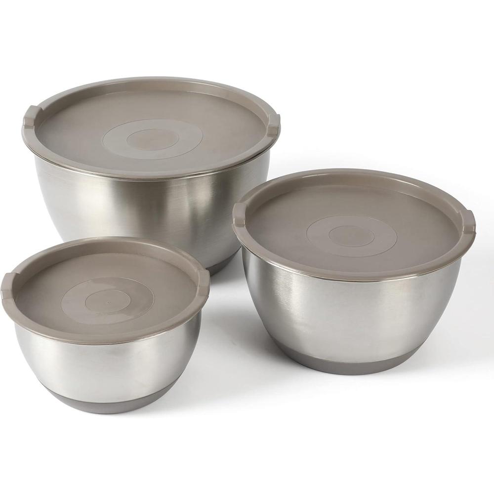 imageMartha Stewart Rhinewell Mirror Polish 6 Piece Stainless Steel Mixing Bowls with Lid and NonSlip Base Grey