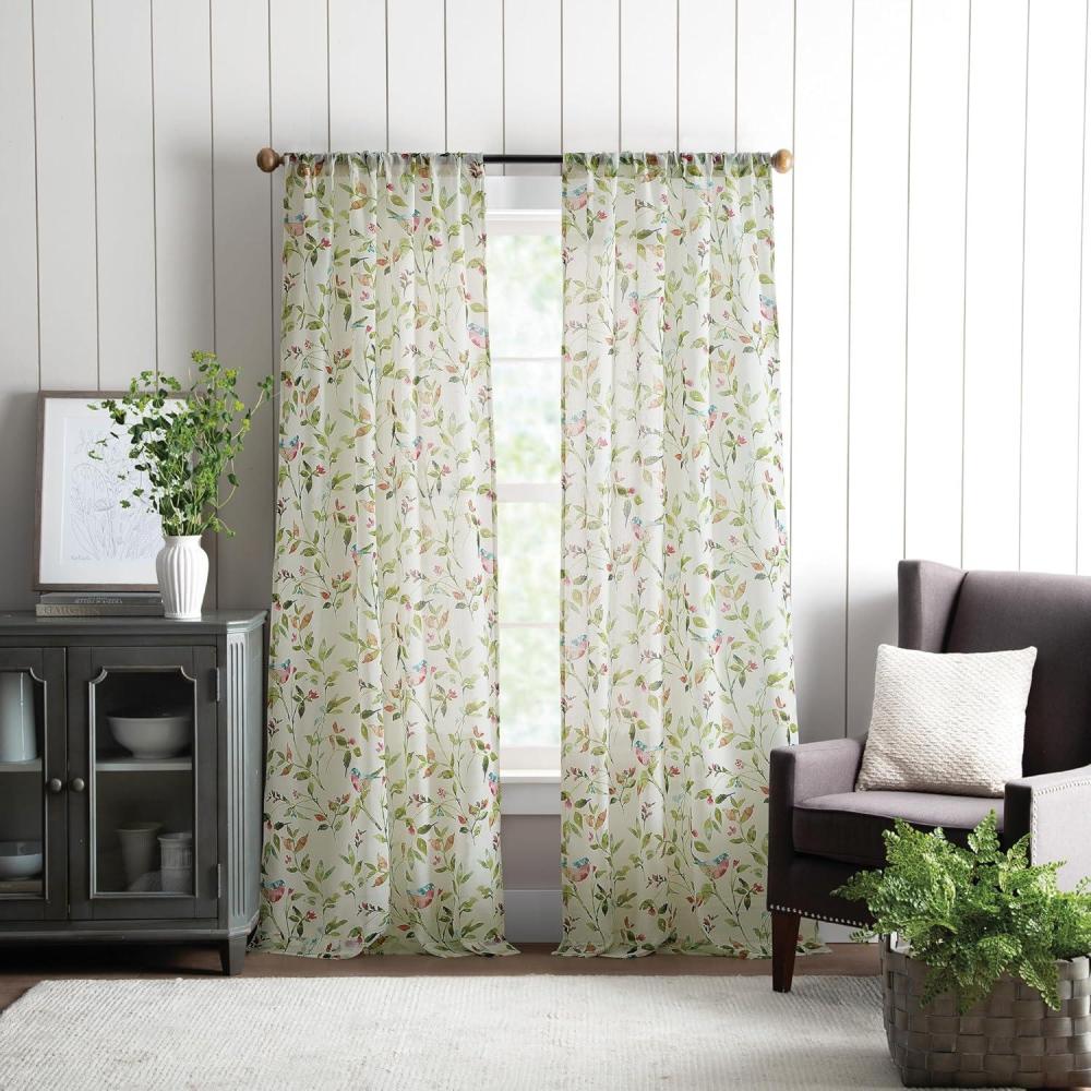 imageMartha Stewart Sheer Curtains Floral Botanical Kensington Flower Garden Rod Pocket Window Curtain Panel Pair 84quot Multi GreenMulti Pink