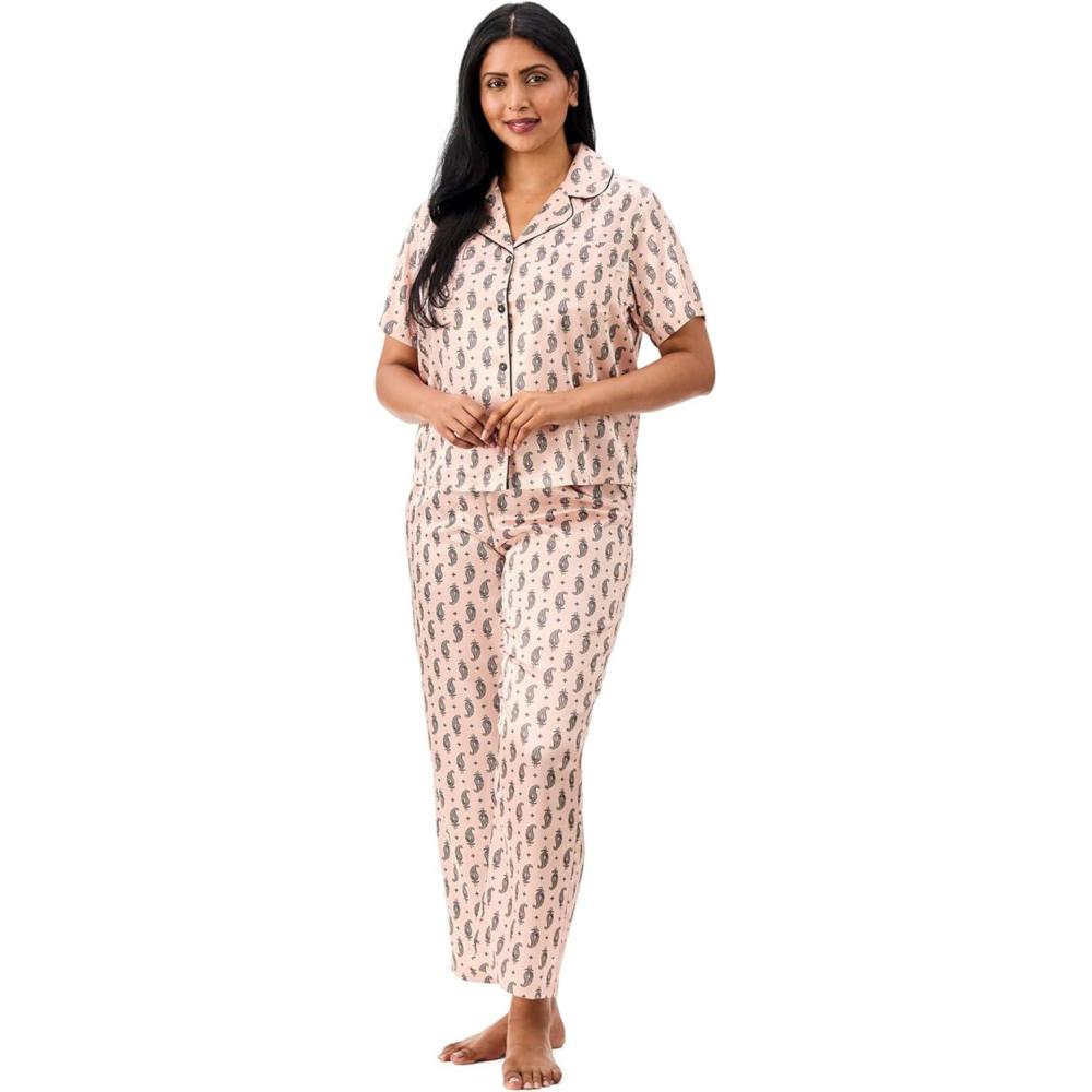 imageMartha Stewart Silky Sleepwear for Women Satin 2Pc Short Sleeve Notch Collar TopCapri Pant Pajama Set Sleek and SoftPink Paisley