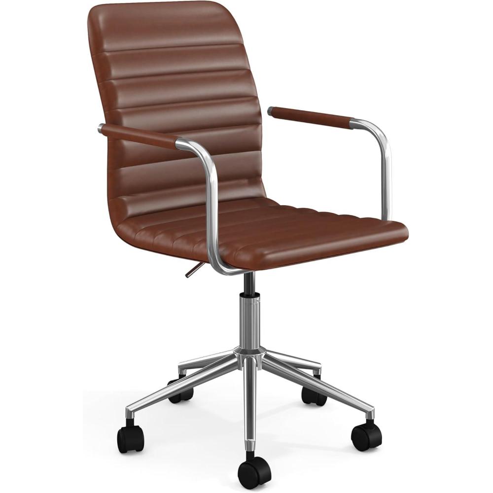 imageMartha Stewart Taytum Swivel Task Chair with Armrests for Home Office in Saddle Brown Faux Leather with Polished Nickel FrameSaddle Brown Faux LeatherPolished Nickel Frame