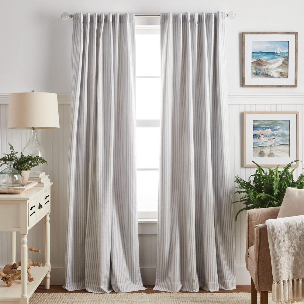 imageMartha Stewart Ticking Stripe Blackout Lining Rod PocketBack Tab Window Curtain Panel Pair 95quot WhiteIndigoWhiteGrey