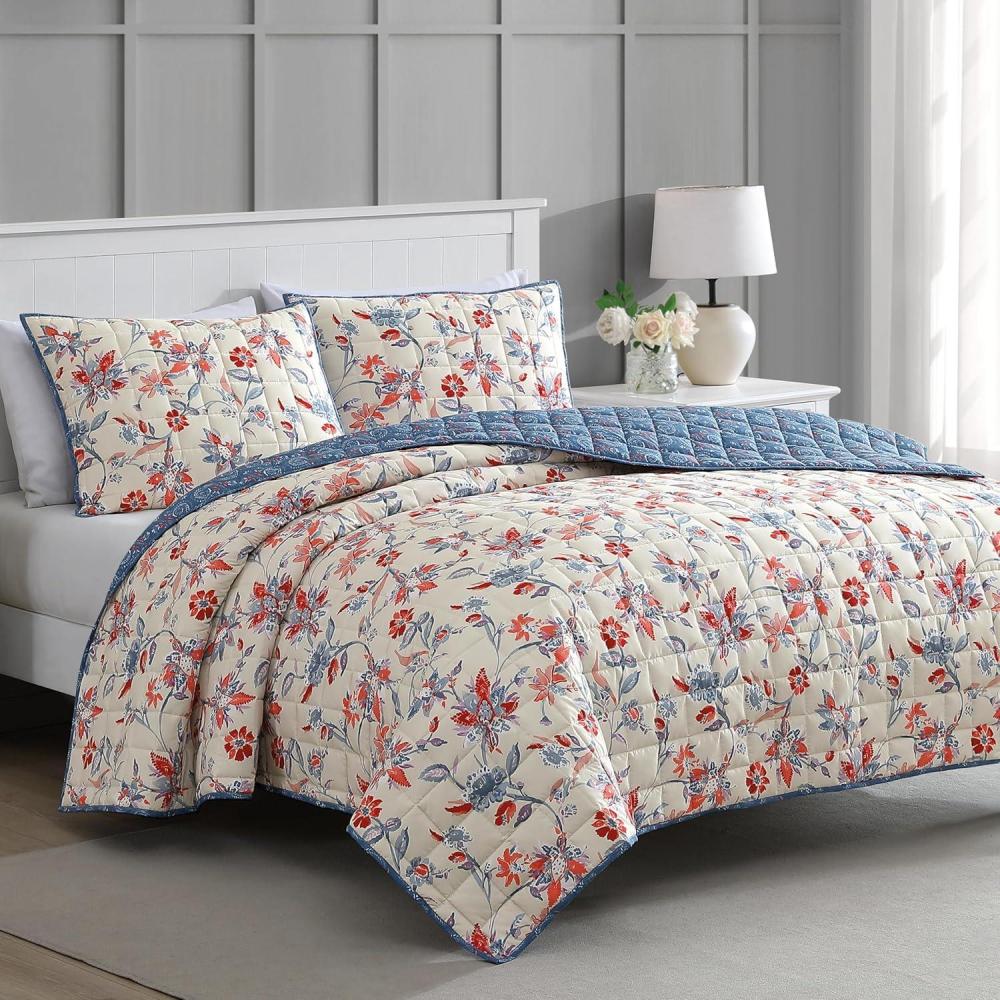 imageMartha Stewart Twin Size Quilt Bedding Set  2 Piece Soft Washed Microfiber Printed Bedspread Reversible All Season 1 Quilt 1 Standard Pillow Sham Blue White ampamp Red Painted Floral PrintNadine Painted Jacobean