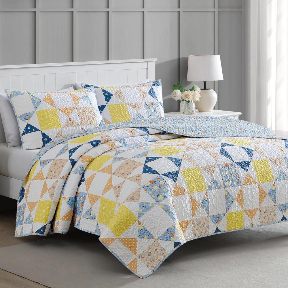 imageMartha Stewart Twin Size Quilt Bedding Set  2 Piece Soft Washed Microfiber Printed Bedspread Reversible All Season 1 Quilt 1 Standard Pillow Sham Blue White ampamp Red Painted Floral PrintKite Ditsy Patchwork