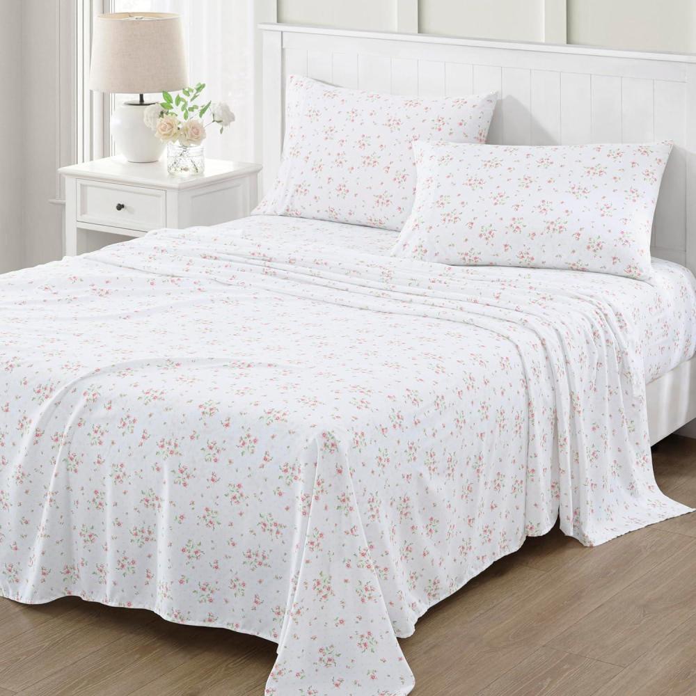 imageMartha Stewart Ultra Soft Brushed and Washed Microfiber 4 Piece Sheet Set Easy Care Deep Pocket Comfy Sheets 1 Flat Sheet 1 Fitted Sheet 2 Std Pillowcases Queen Size White ampamp Blush PinkGigi Floral Rose Quartz