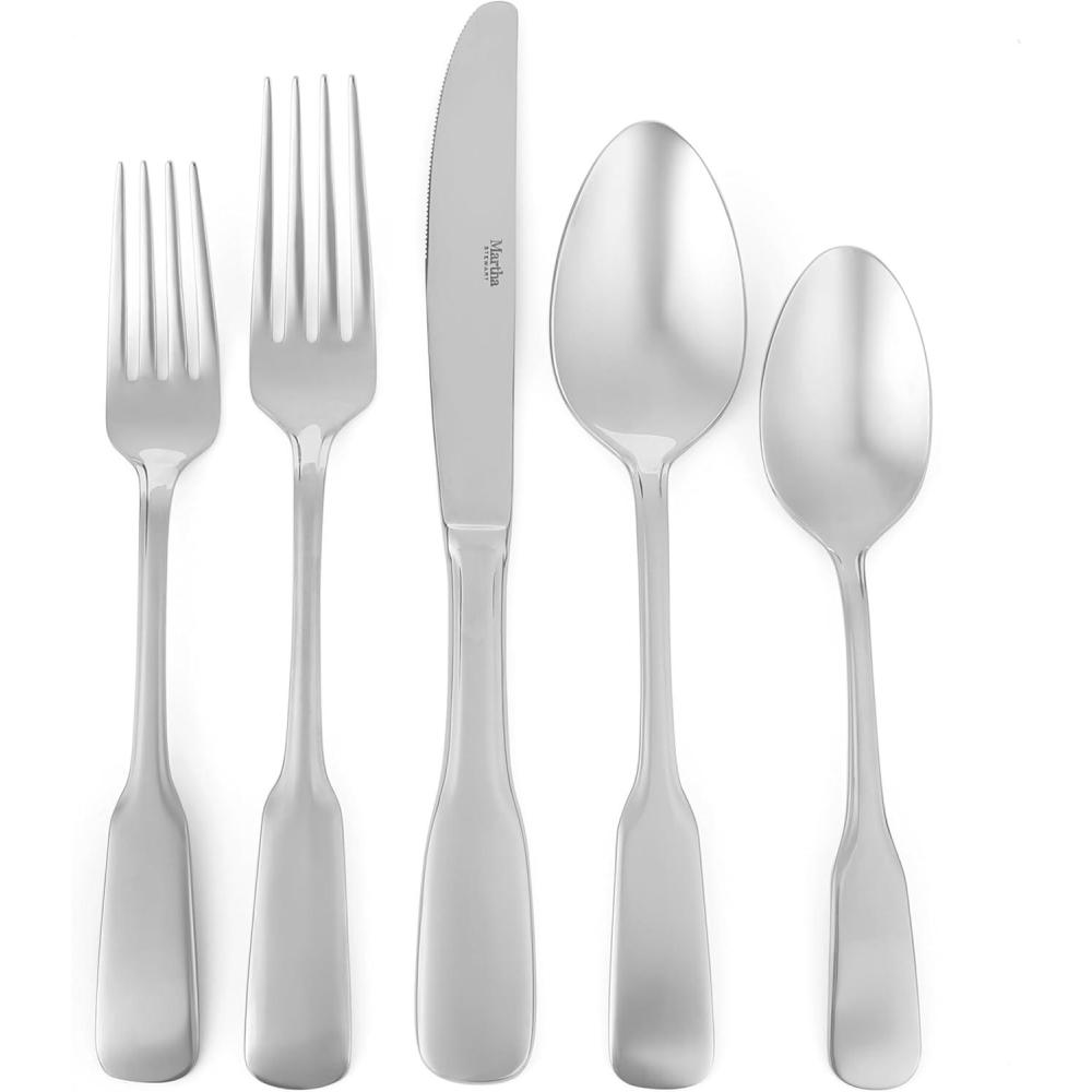imageMartha Stewart Watercliffe 16 pc Flatware Silverware Set  Stainless Steel Utensils  Forks Spoons Knives  Service for 4  LinenHalsey Mirror Polish