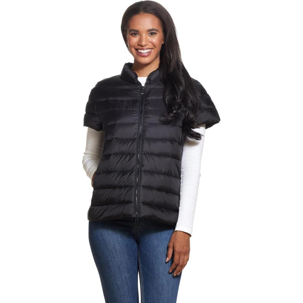 imageMartha Stewart Womens Puffy Down Vest Lightweight Casual Short Sleeve Vest Jacket Quilted Outerwear with PocketsBlack