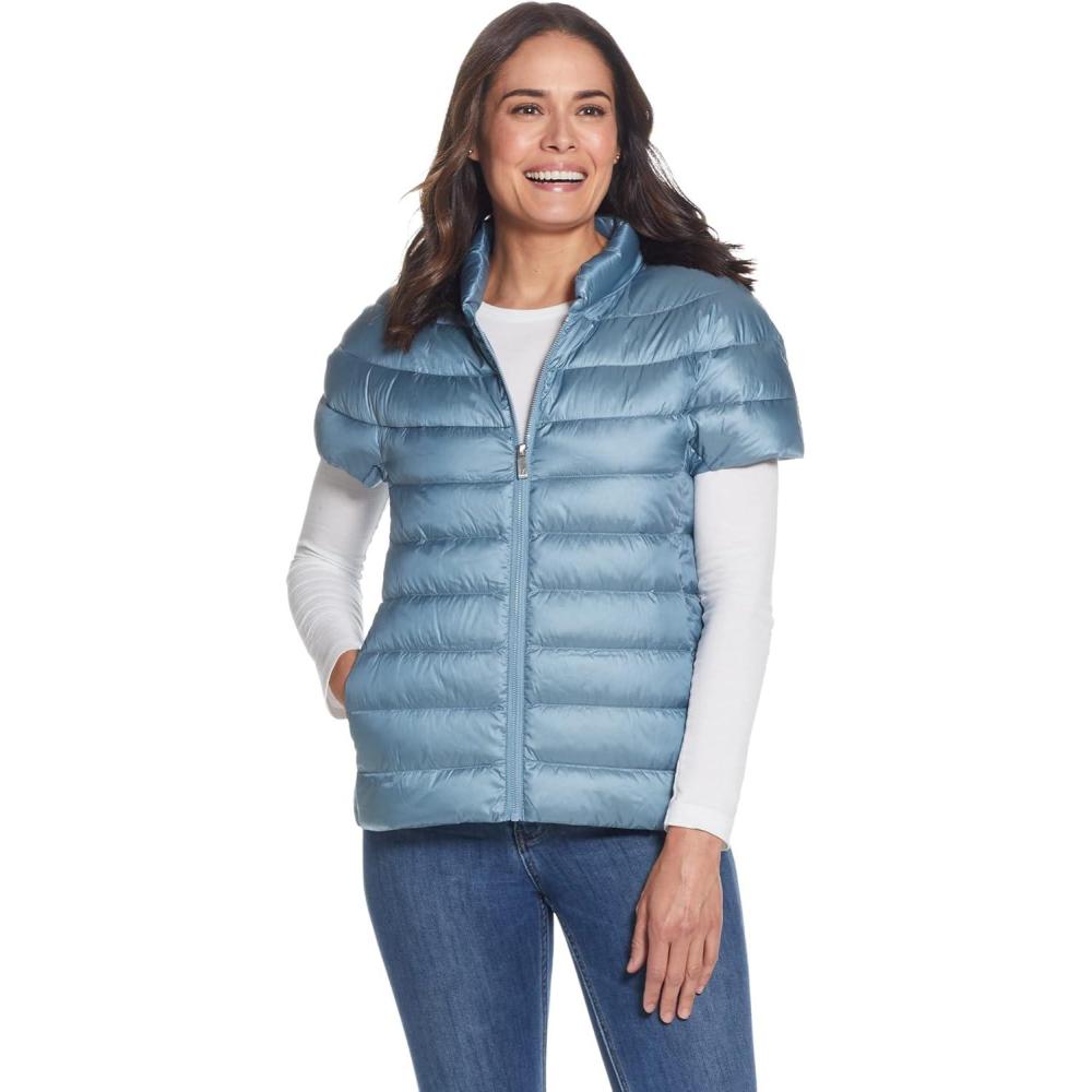 imageMartha Stewart Womens Puffy Down Vest Lightweight Casual Short Sleeve Vest Jacket Quilted Outerwear with PocketsCloud Sky