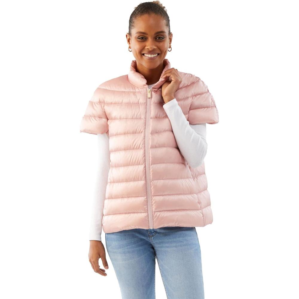 imageMartha Stewart Womens Puffy Down Vest Lightweight Casual Short Sleeve Vest Jacket Quilted Outerwear with PocketsCotton Pink
