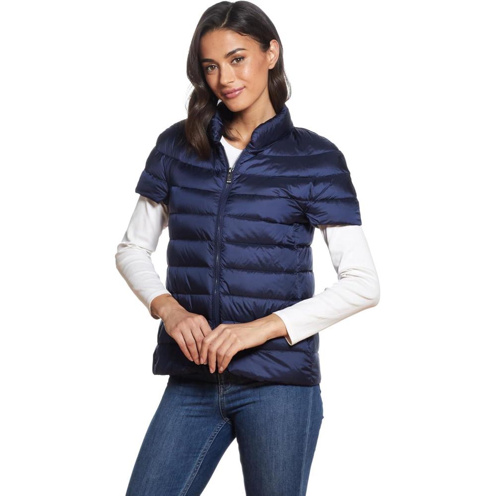 imageMartha Stewart Womens Puffy Down Vest Lightweight Casual Short Sleeve Vest Jacket Quilted Outerwear with PocketsNavy