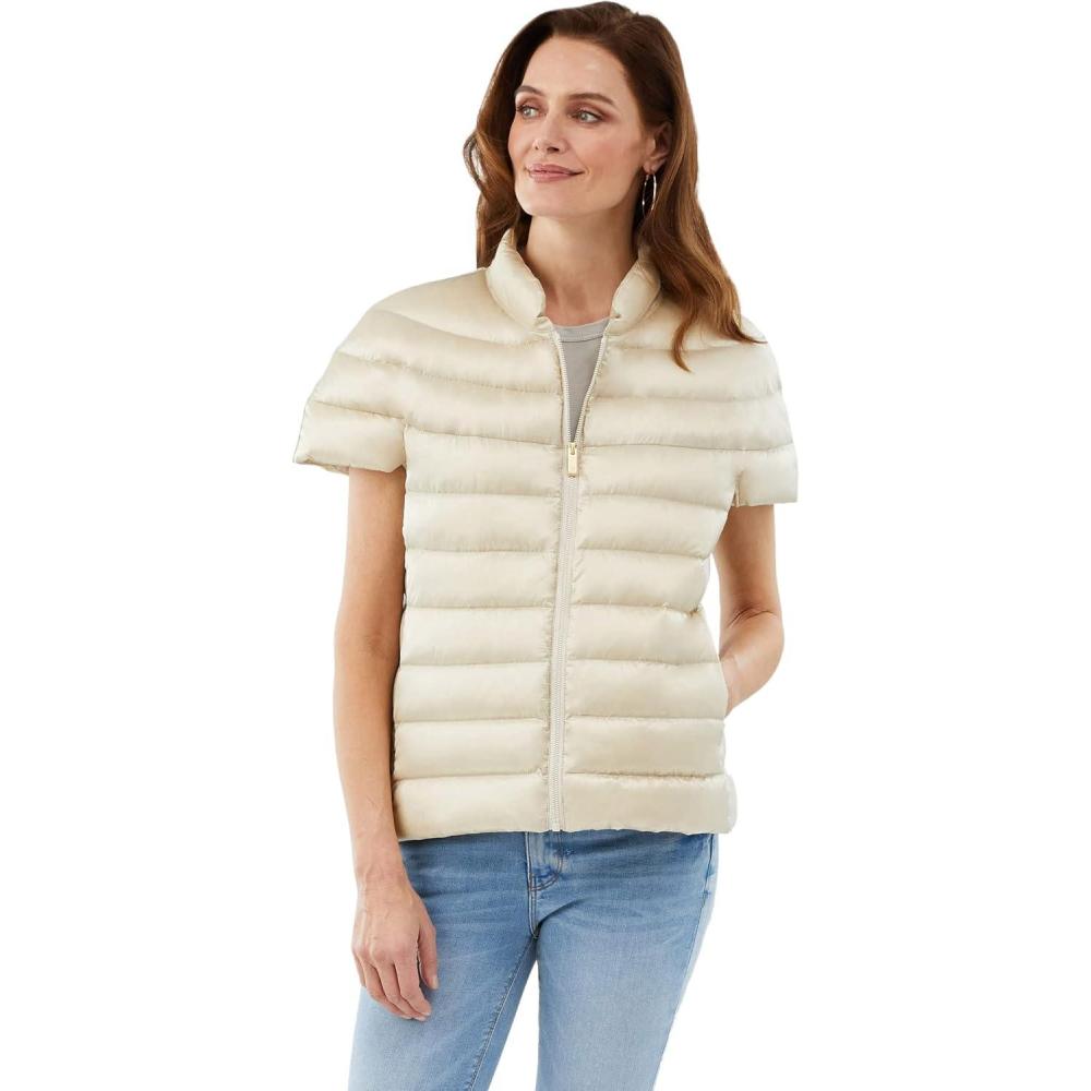imageMartha Stewart Womens Puffy Down Vest Lightweight Casual Short Sleeve Vest Jacket Quilted Outerwear with PocketsOat