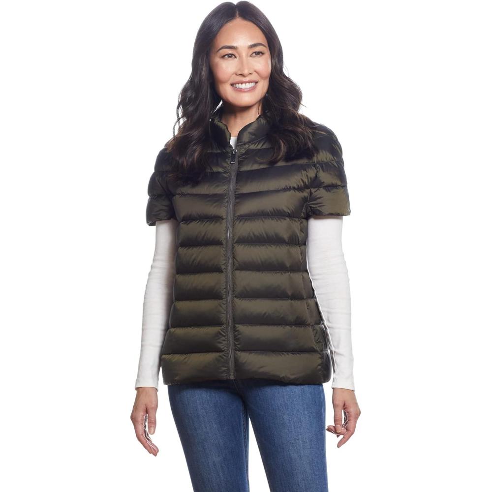imageMartha Stewart Womens Puffy Down Vest Lightweight Casual Short Sleeve Vest Jacket Quilted Outerwear with PocketsOlive