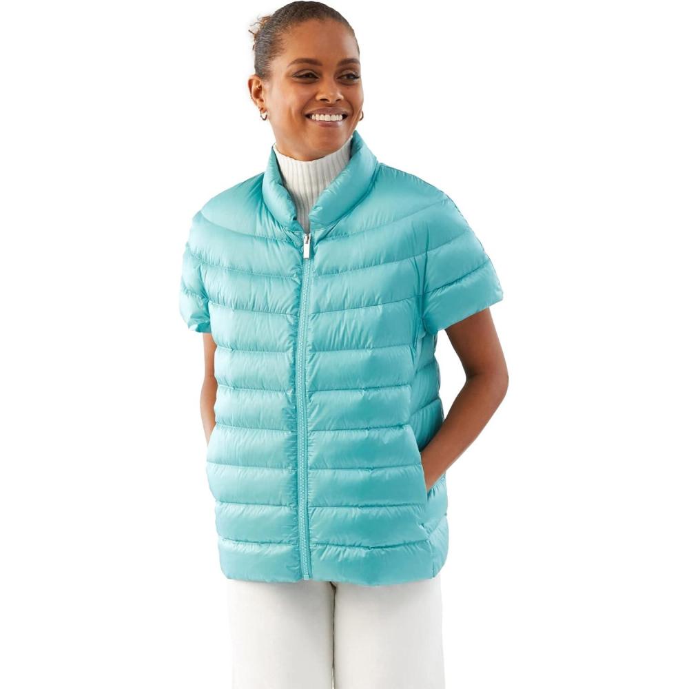 imageMartha Stewart Womens Puffy Down Vest Lightweight Casual Short Sleeve Vest Jacket Quilted Outerwear with PocketsTurq Blue