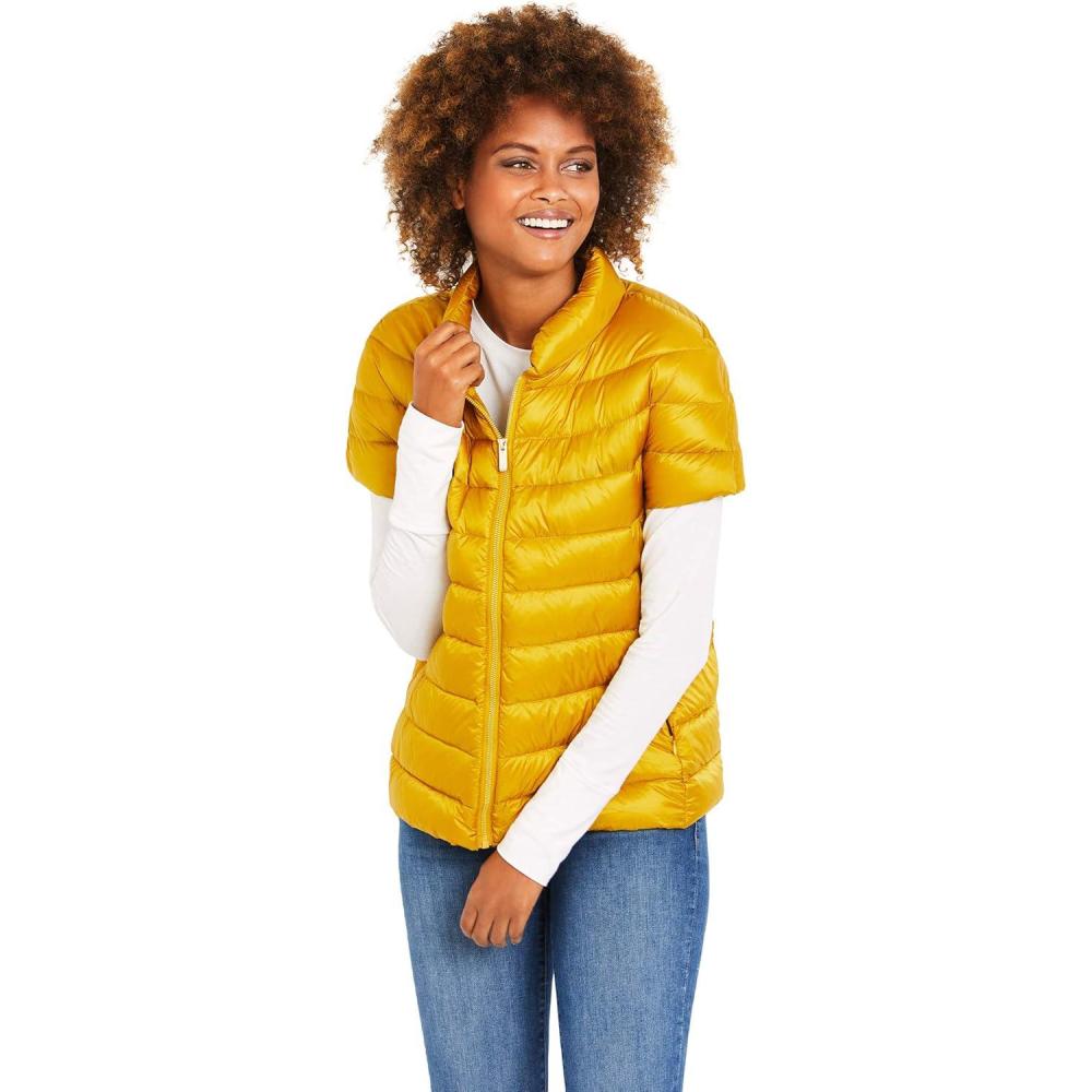 imageMartha Stewart Womens Puffy Down Vest Lightweight Casual Short Sleeve Vest Jacket Quilted Outerwear with PocketsYarrow Gold