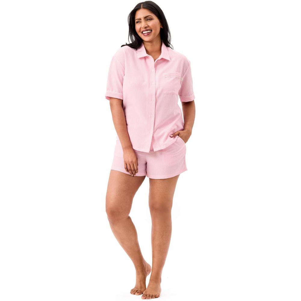 imageMartha Stewart Womens Seersucker Pajama Set  Short Sleeve Notch Collar Top ampamp Shorts Sleepwear Fuchsia Pink
