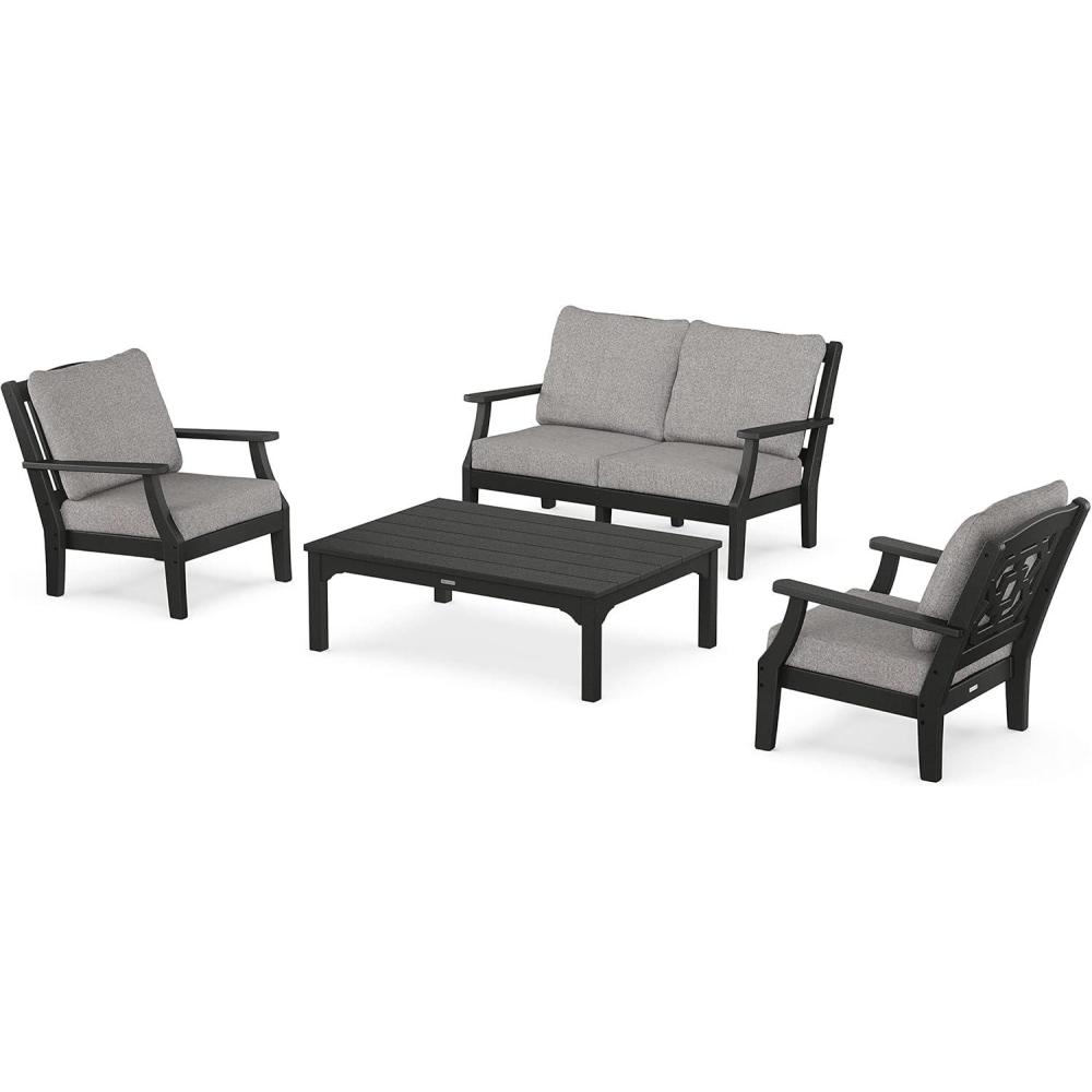 imageMartha Stewart by POLYWOOD Chinoiserie 4Piece Deep Seating Set with Loveseat in SandGlacier SpaBlack  Grey Mist