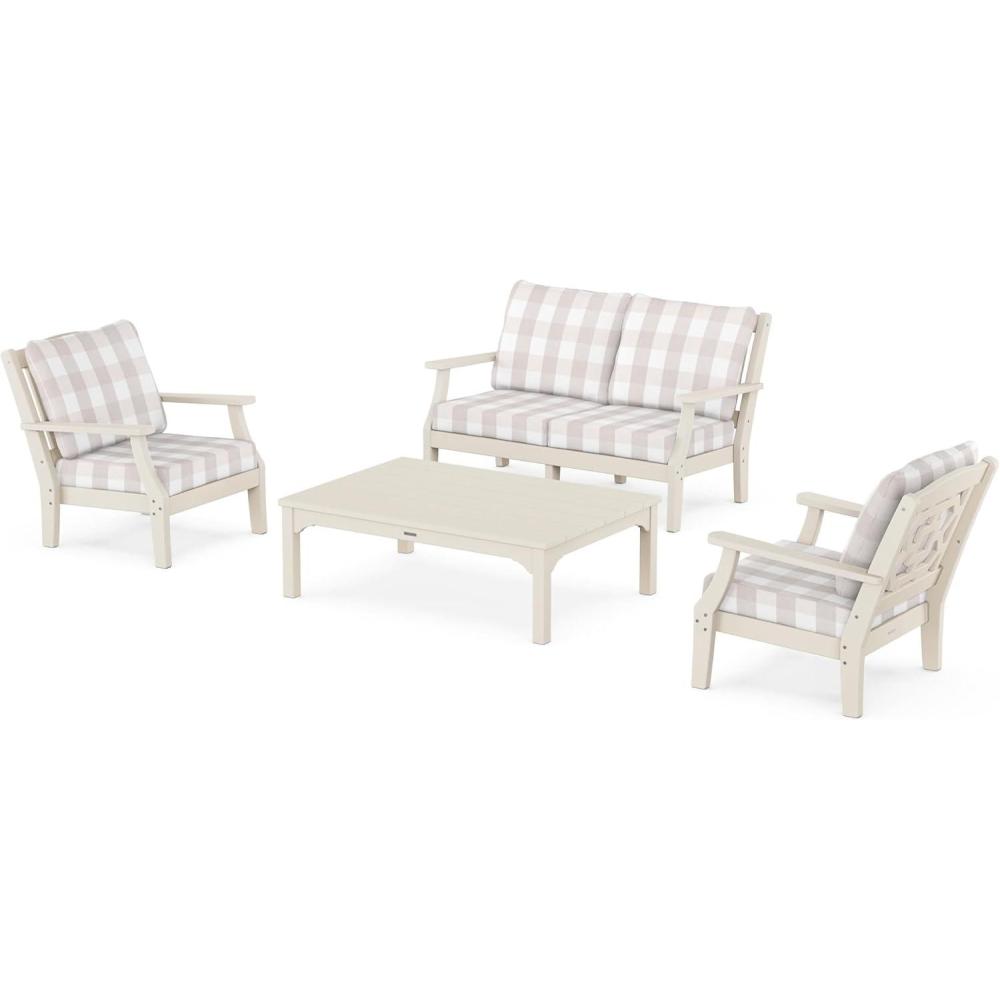 imageMartha Stewart by POLYWOOD Chinoiserie 4Piece Deep Seating Set with Loveseat in SandGlacier SpaSand  Buffalo Plaid Dune Burlap