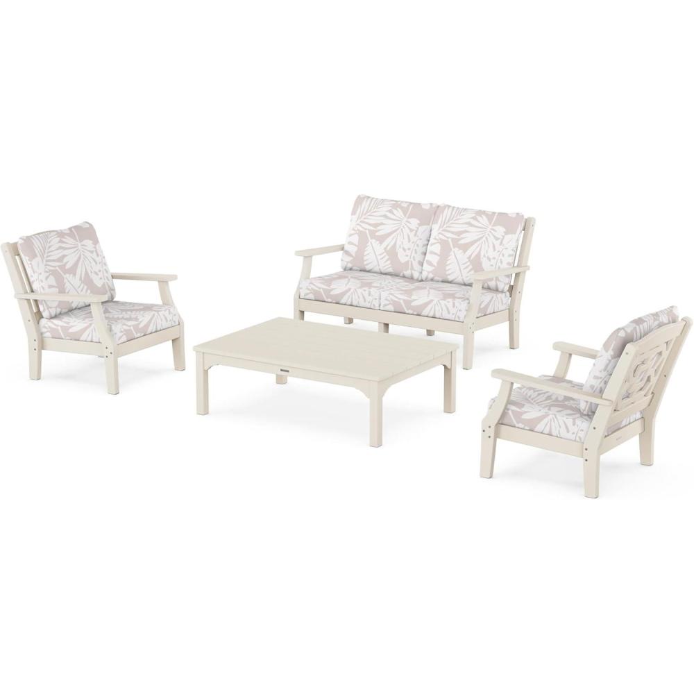 imageMartha Stewart by POLYWOOD Chinoiserie 4Piece Deep Seating Set with Loveseat in SandGlacier SpaSand  Leaf Dune Burlap