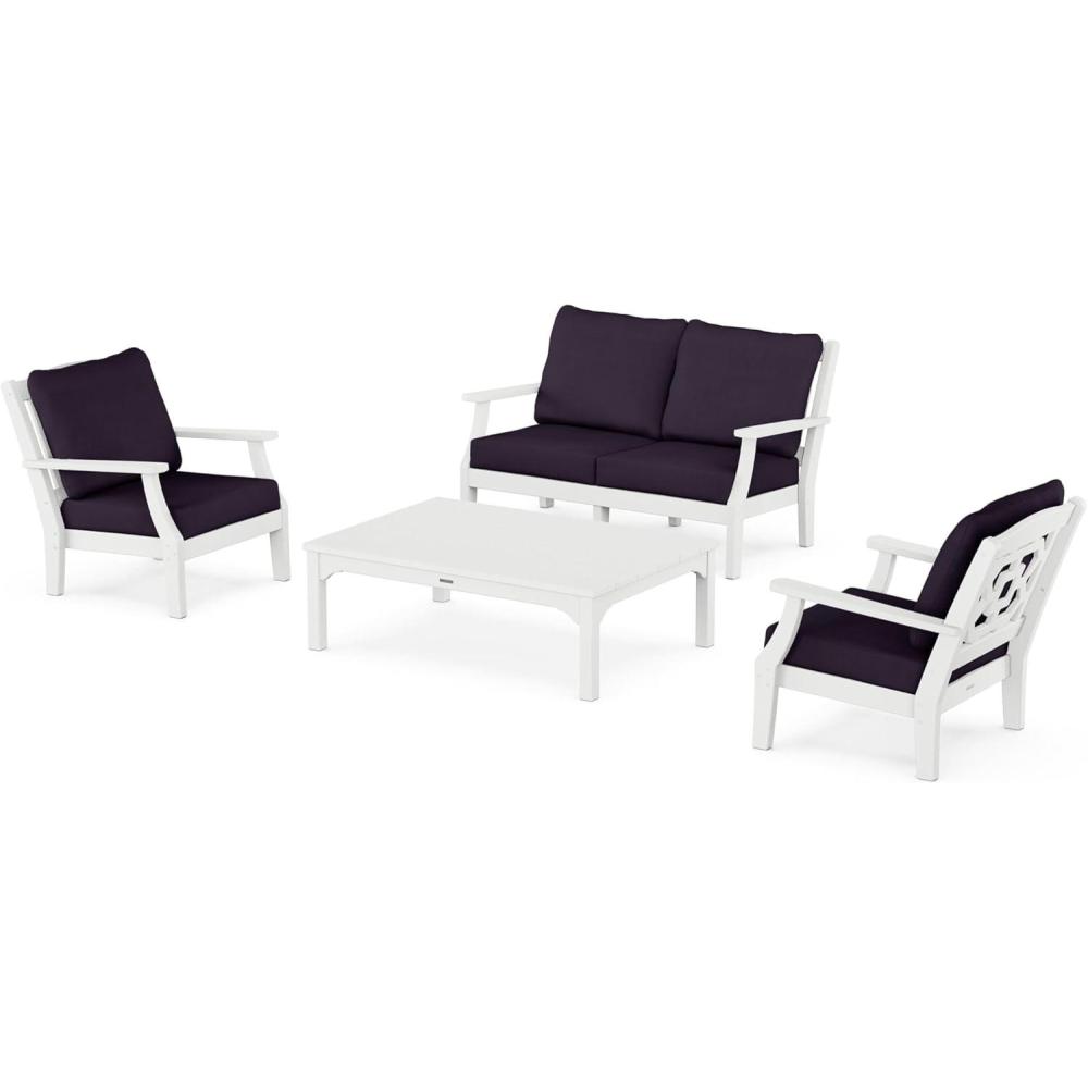 imageMartha Stewart by POLYWOOD Chinoiserie 4Piece Deep Seating Set with Loveseat in SandGlacier SpaWhite  Navy Linen