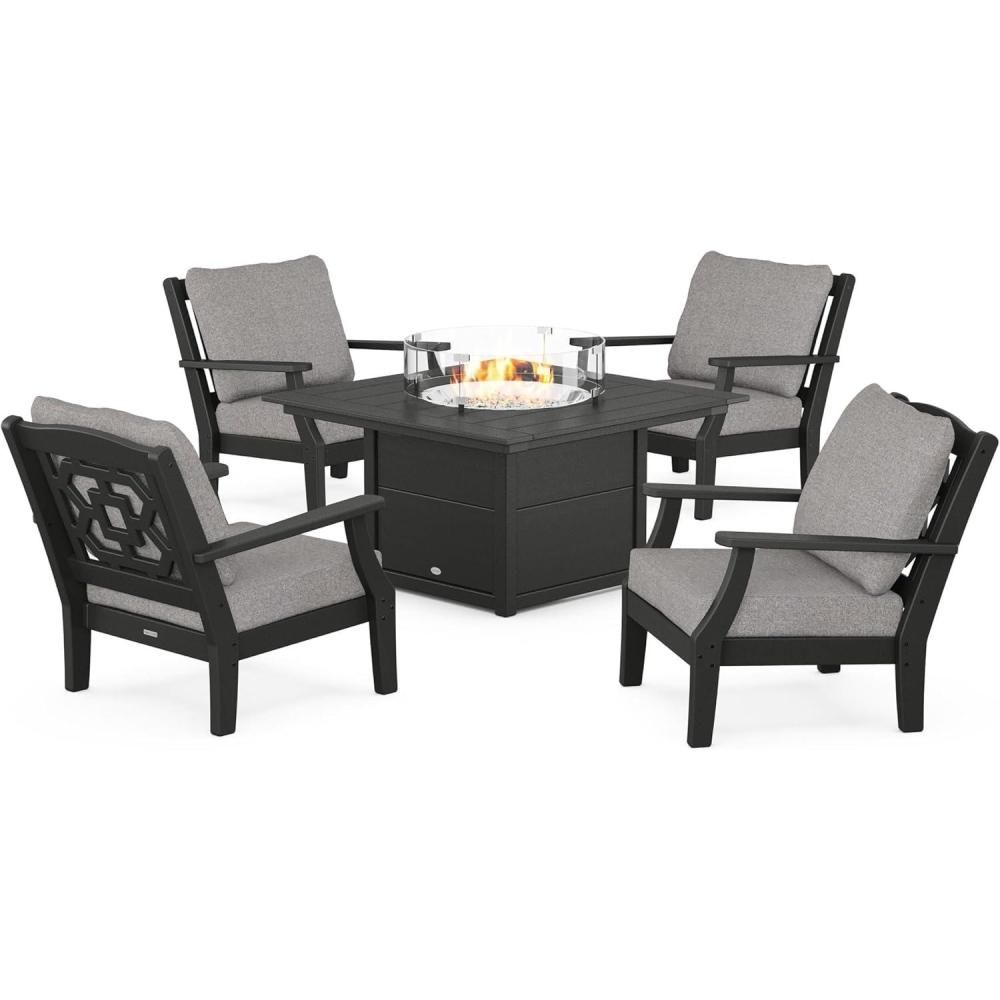 imageMartha Stewart by POLYWOOD Chinoiserie 5Piece Deep Seating Set with Fire Pit Table in SandGlacier SpaBlack  Grey Mist