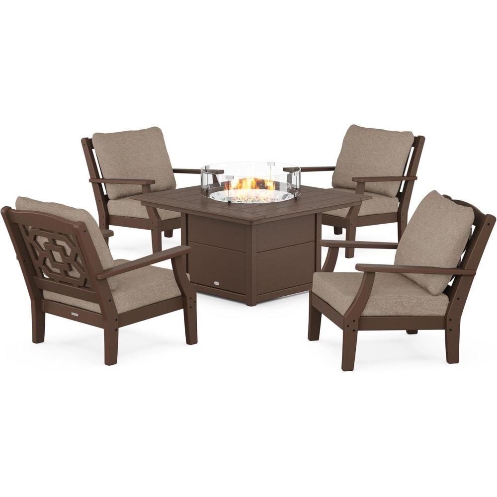 imageMartha Stewart by POLYWOOD Chinoiserie 5Piece Deep Seating Set with Fire Pit Table in SandGlacier SpaMahogany  Spiced Burlap