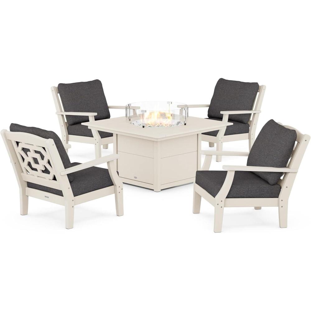 imageMartha Stewart by POLYWOOD Chinoiserie 5Piece Deep Seating Set with Fire Pit Table in SandGlacier SpaSand  Ash Charcoal