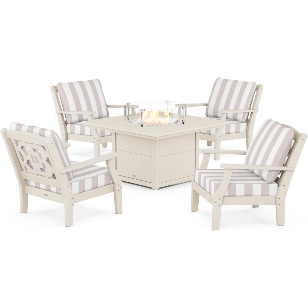 imageMartha Stewart by POLYWOOD Chinoiserie 5Piece Deep Seating Set with Fire Pit Table in SandGlacier SpaSand  Cabana Stripe Dune Burlap