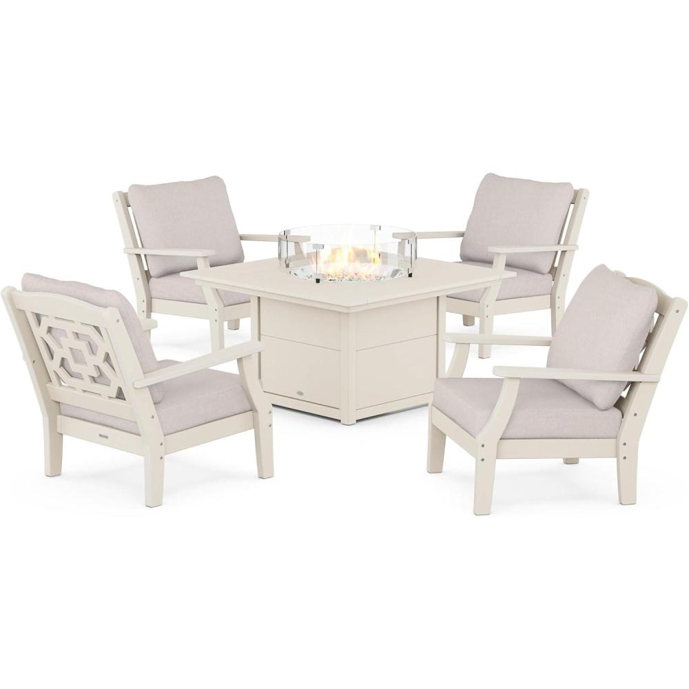 imageMartha Stewart by POLYWOOD Chinoiserie 5Piece Deep Seating Set with Fire Pit Table in SandGlacier SpaSand  Dune Burlap