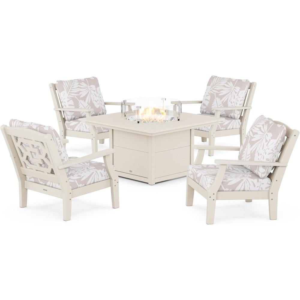 imageMartha Stewart by POLYWOOD Chinoiserie 5Piece Deep Seating Set with Fire Pit Table in SandGlacier SpaSand  Leaf Dune Burlap