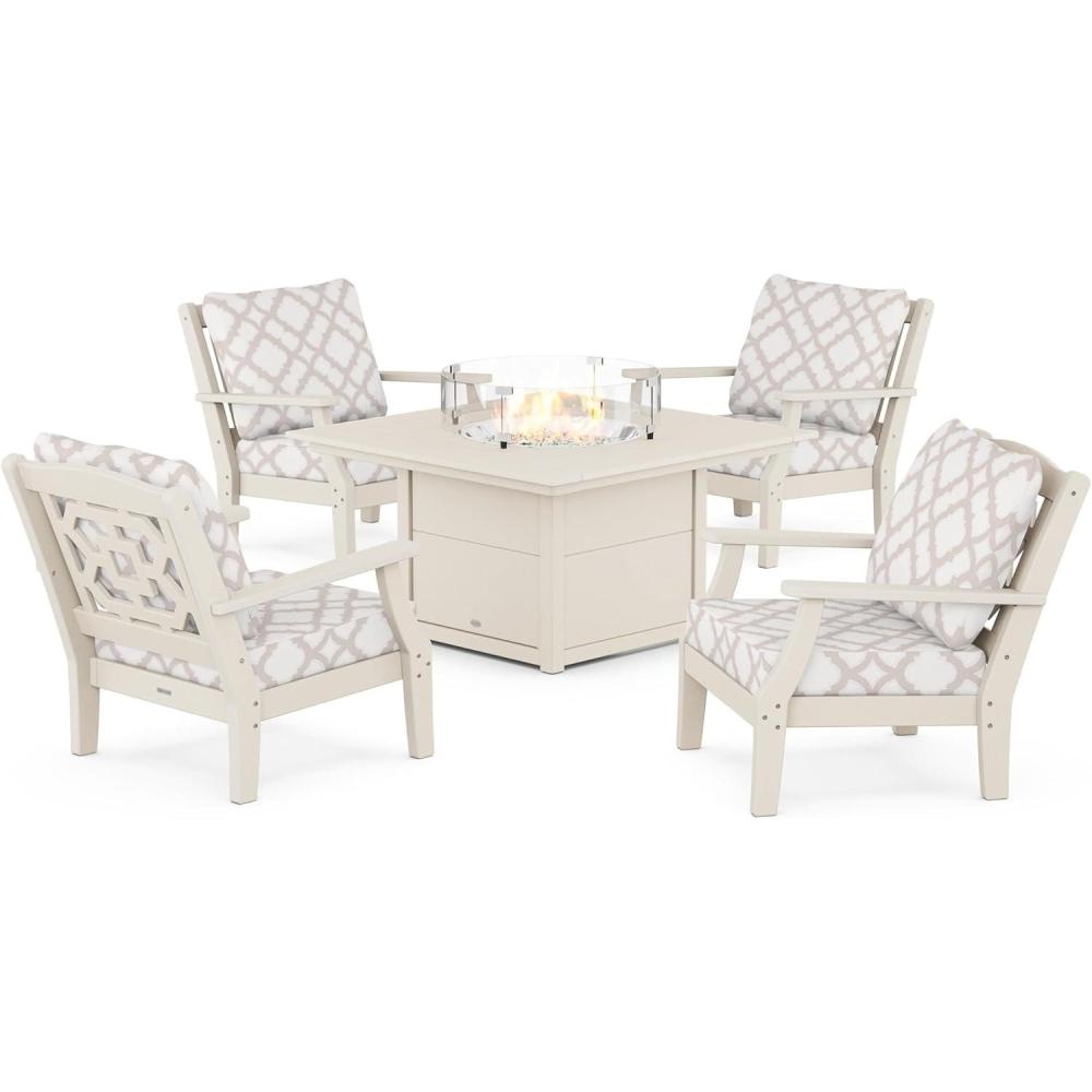 imageMartha Stewart by POLYWOOD Chinoiserie 5Piece Deep Seating Set with Fire Pit Table in SandGlacier SpaSand  Trellis Dune Burlap