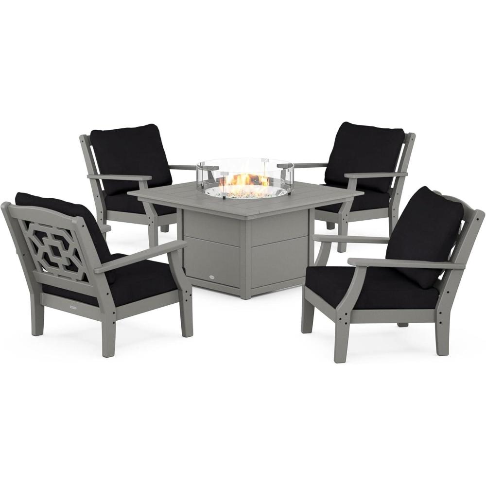 imageMartha Stewart by POLYWOOD Chinoiserie 5Piece Deep Seating Set with Fire Pit Table in SandGlacier SpaSlate Grey  Midnight Linen