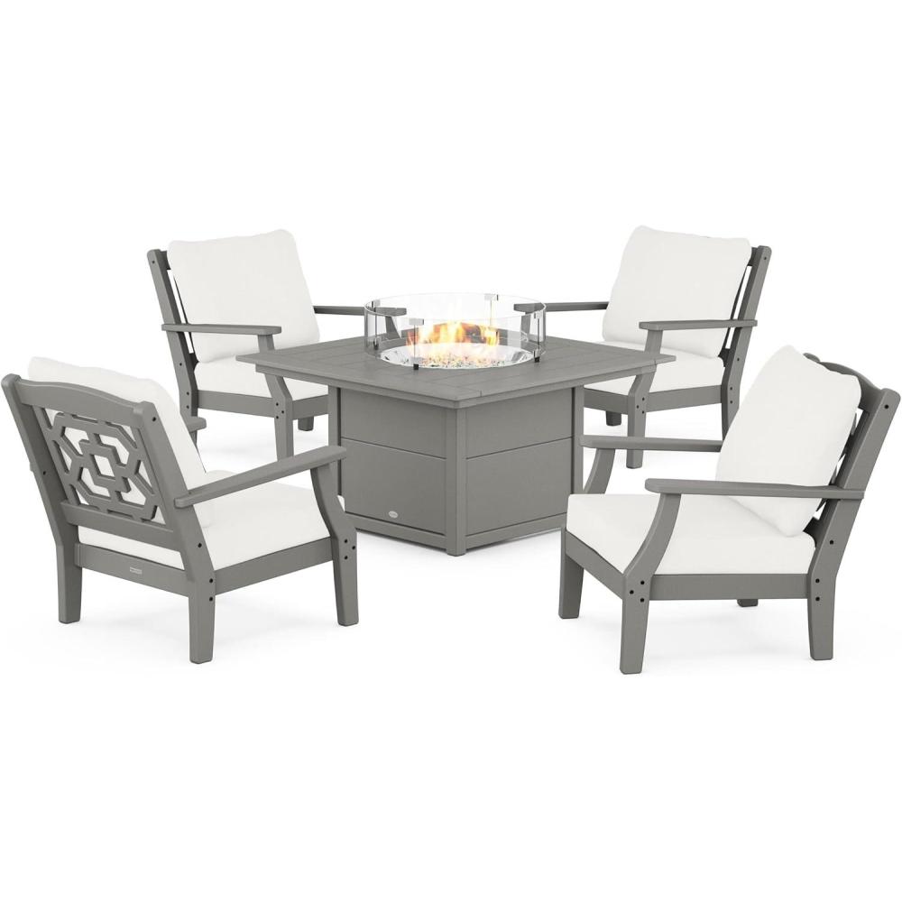 imageMartha Stewart by POLYWOOD Chinoiserie 5Piece Deep Seating Set with Fire Pit Table in SandGlacier SpaSlate Grey  Natural Linen