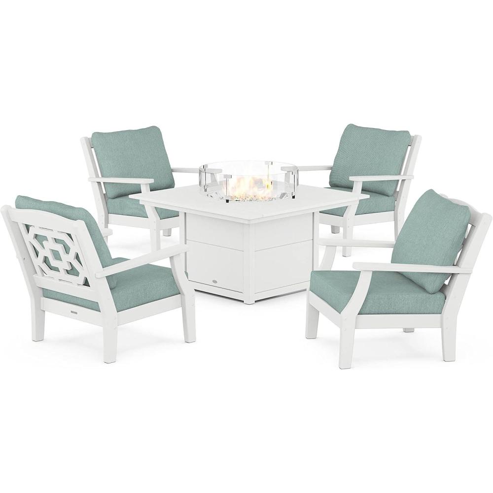 imageMartha Stewart by POLYWOOD Chinoiserie 5Piece Deep Seating Set with Fire Pit Table in SandGlacier SpaWhite  Glacier Spa