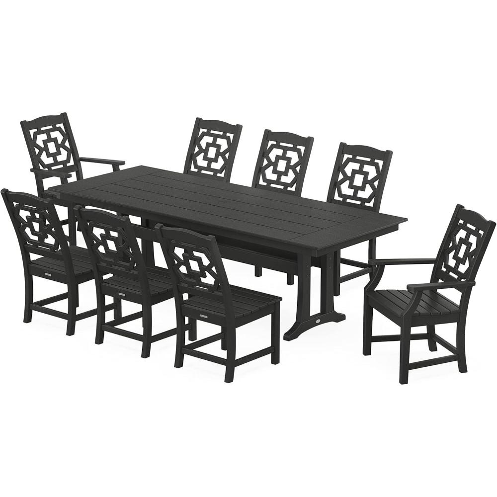 imageMartha Stewart by POLYWOOD Chinoiserie 9Piece Farmhouse Dining Set with Trestle Legs in SandBlack