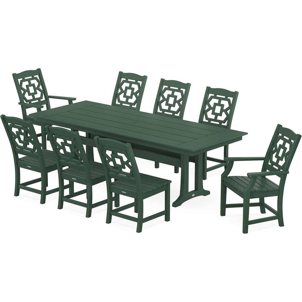 imageMartha Stewart by POLYWOOD Chinoiserie 9Piece Farmhouse Dining Set with Trestle Legs in SandGreen