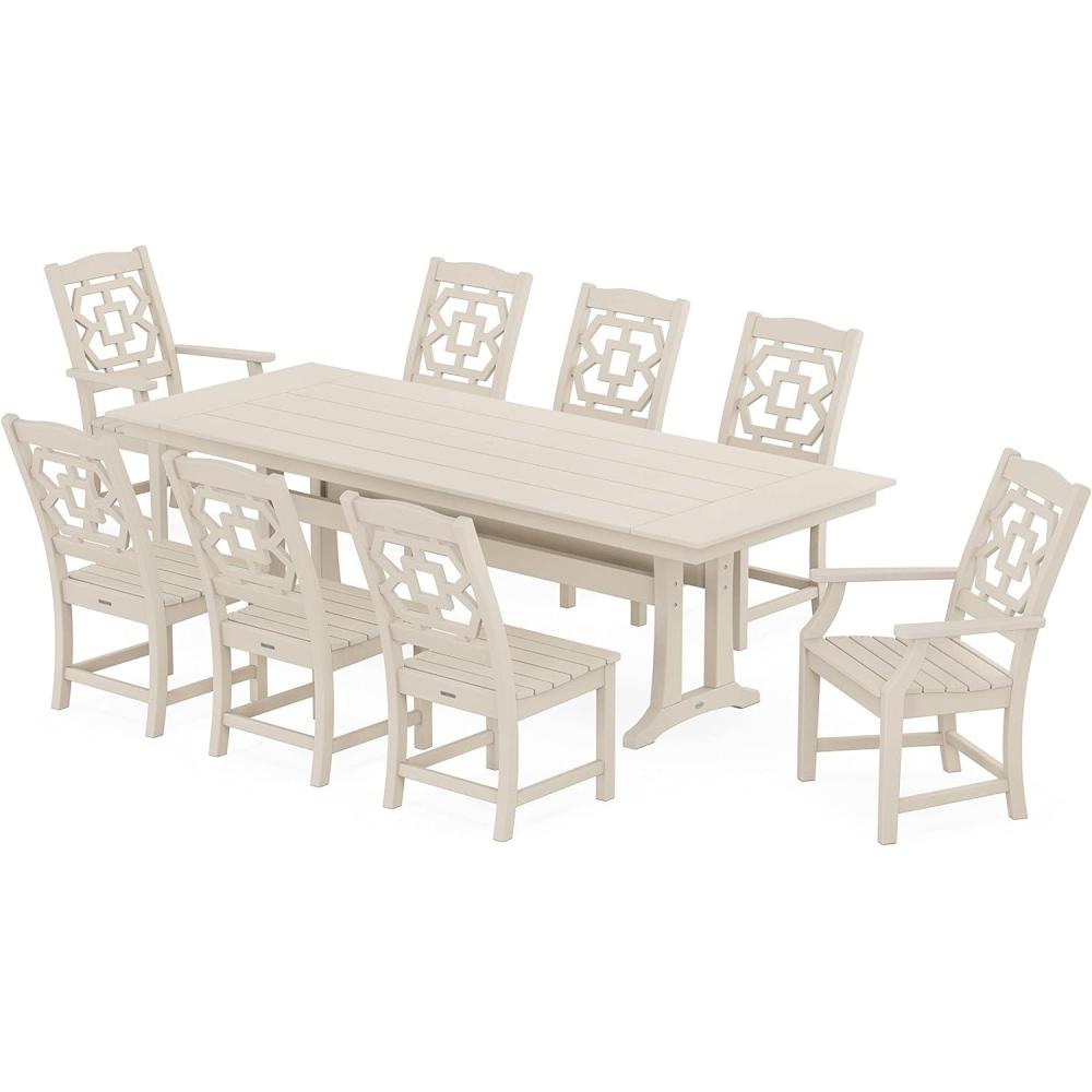 imageMartha Stewart by POLYWOOD Chinoiserie 9Piece Farmhouse Dining Set with Trestle Legs in SandSand
