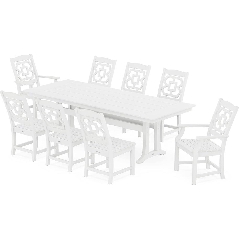 imageMartha Stewart by POLYWOOD Chinoiserie 9Piece Farmhouse Dining Set with Trestle Legs in SandWhite