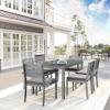 Martha Stewart Bedford 7 Piece Aluminum Patio Set with 62″ Table and 6 Stackable Chairs with Gray Brushed Woodgrain Finish, Gray All-Weather Seat Cushions(Grey)