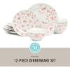 Martha Stewart Empress Bouquet 12-Piece Decorated Porcelain Chip and Scratch Resistant Dinnerware Plates and Bowls Set – Pink Floral(Pink Floral)