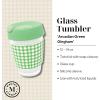 Martha Stewart Glass Tumbler, 12 Ounce Travel Coffee Mug with Splashproof Lid & Green Gingham Silicone Sleeve, Hot or Cold Beverages, Arcadian Green Gingham
